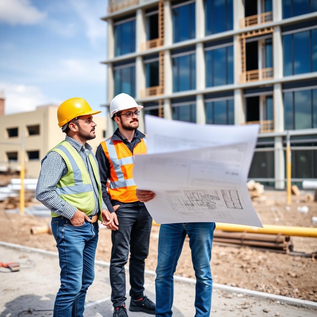 Proje sahasında elektrik projesi inceleyen mühendisler