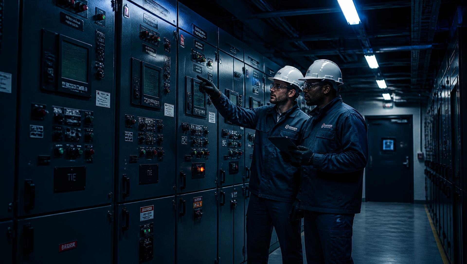 Endüstriyel tesiste elektrik panoları önünde çalışan mühendisler